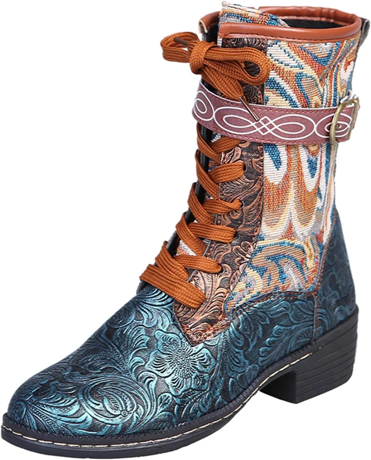 AMDBEL Boots For Women Fashion Dressy Womens Short Boots Classic Red Boots Colorblock Plaid Lace Up Retro Thick Heel Boots