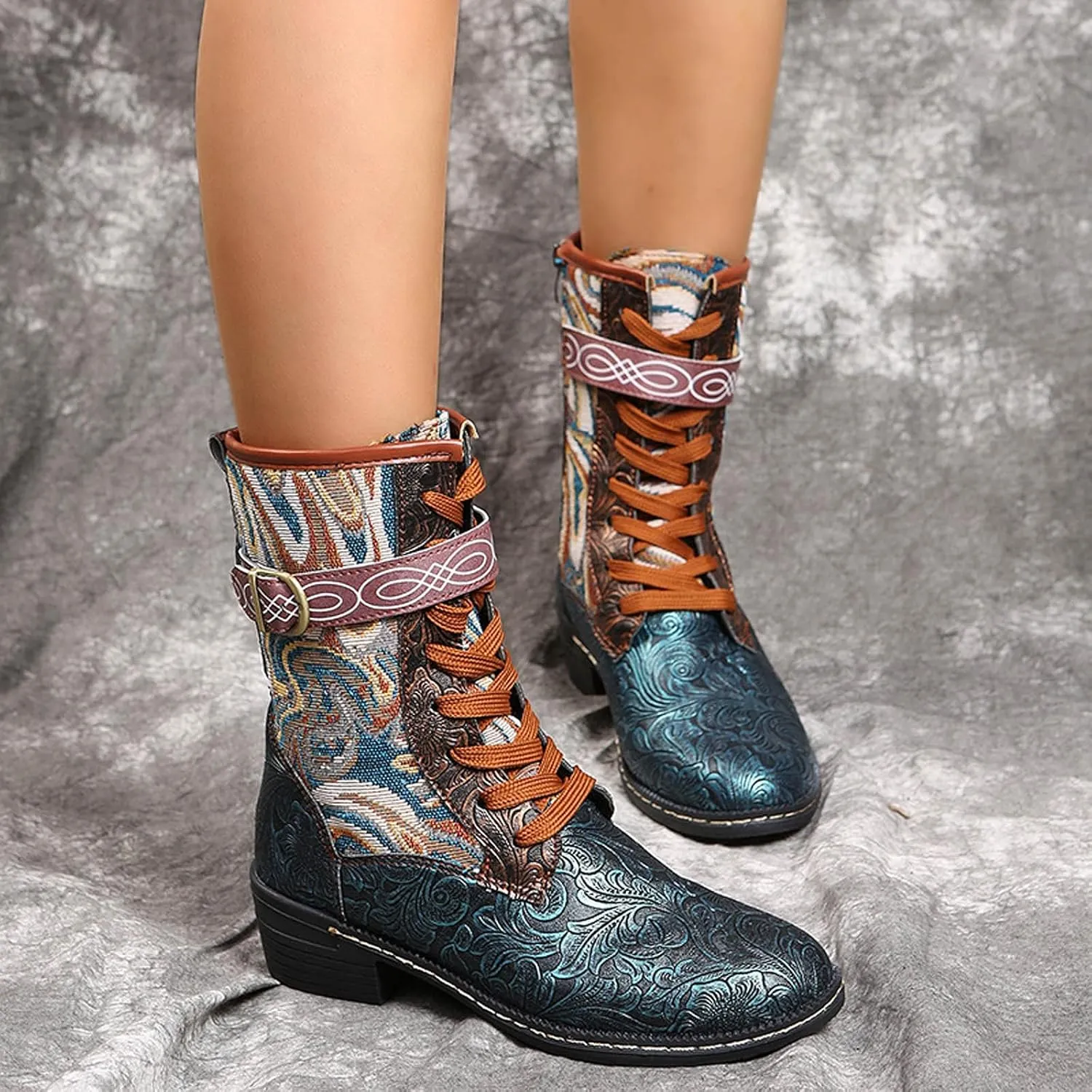 AMDBEL Boots For Women Fashion Dressy Womens Short Boots Classic Red Boots Colorblock Plaid Lace Up Retro Thick Heel Boots