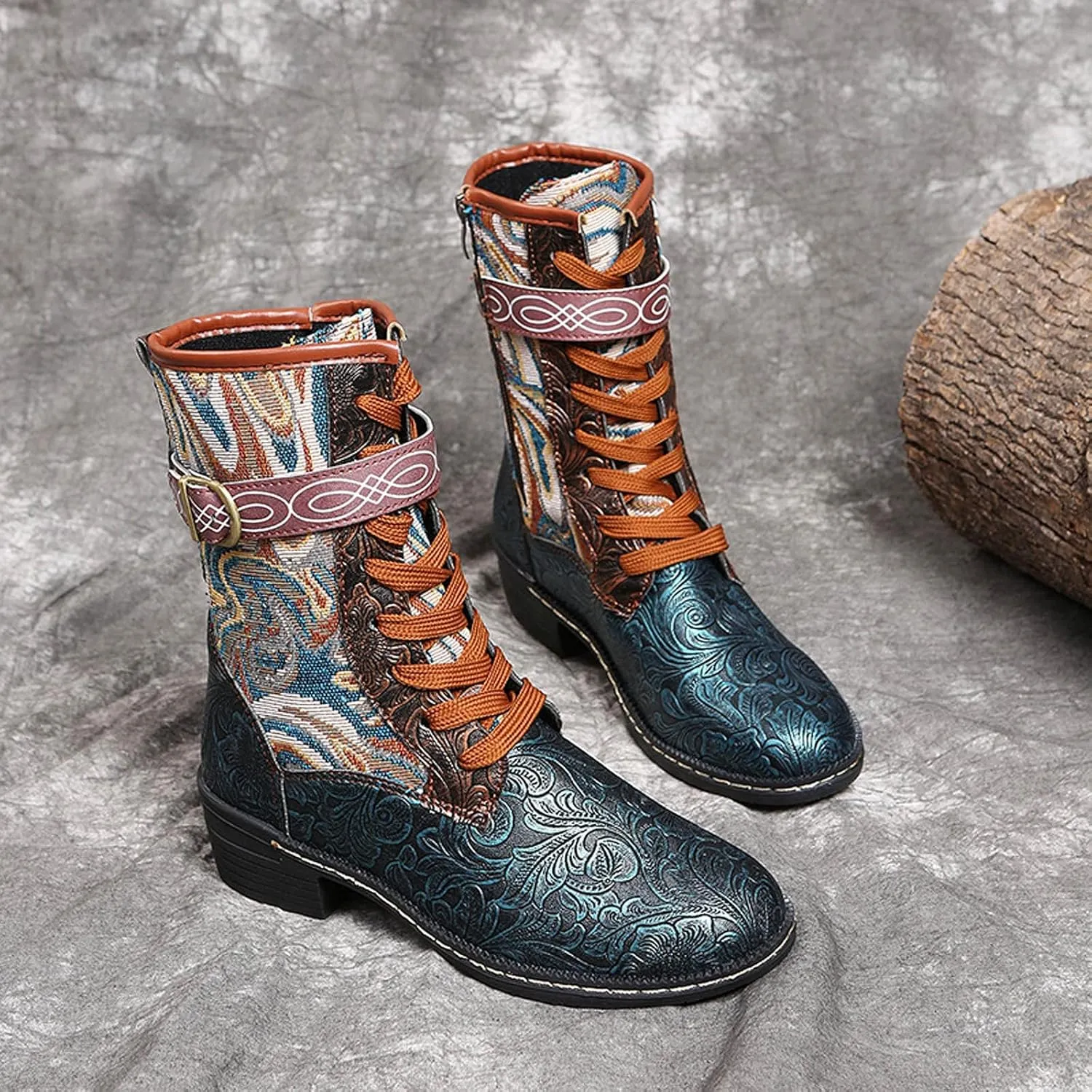 AMDBEL Boots For Women Fashion Dressy Womens Short Boots Classic Red Boots Colorblock Plaid Lace Up Retro Thick Heel Boots