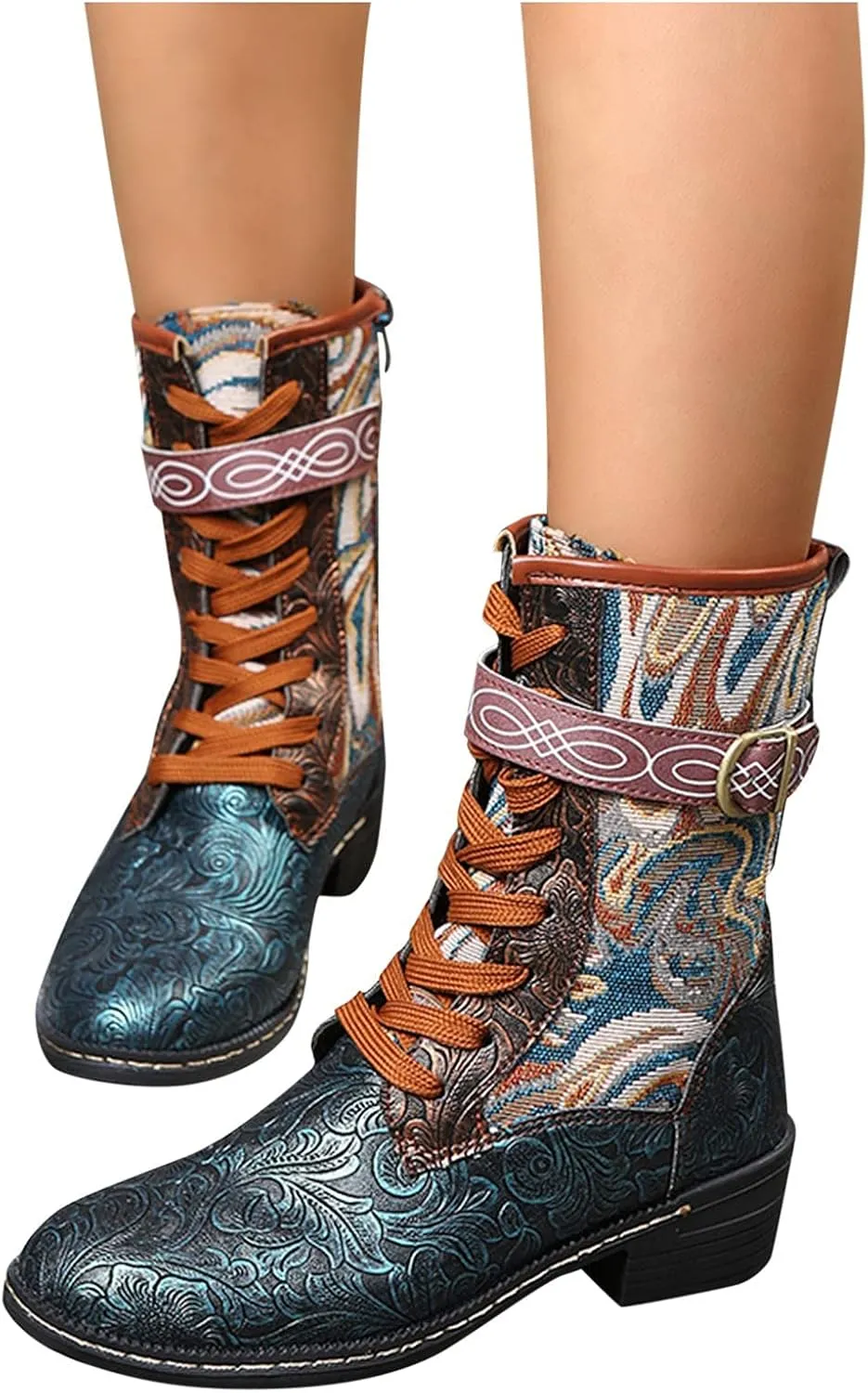 AMDBEL Boots For Women Fashion Dressy Womens Short Boots Classic Red Boots Colorblock Plaid Lace Up Retro Thick Heel Boots