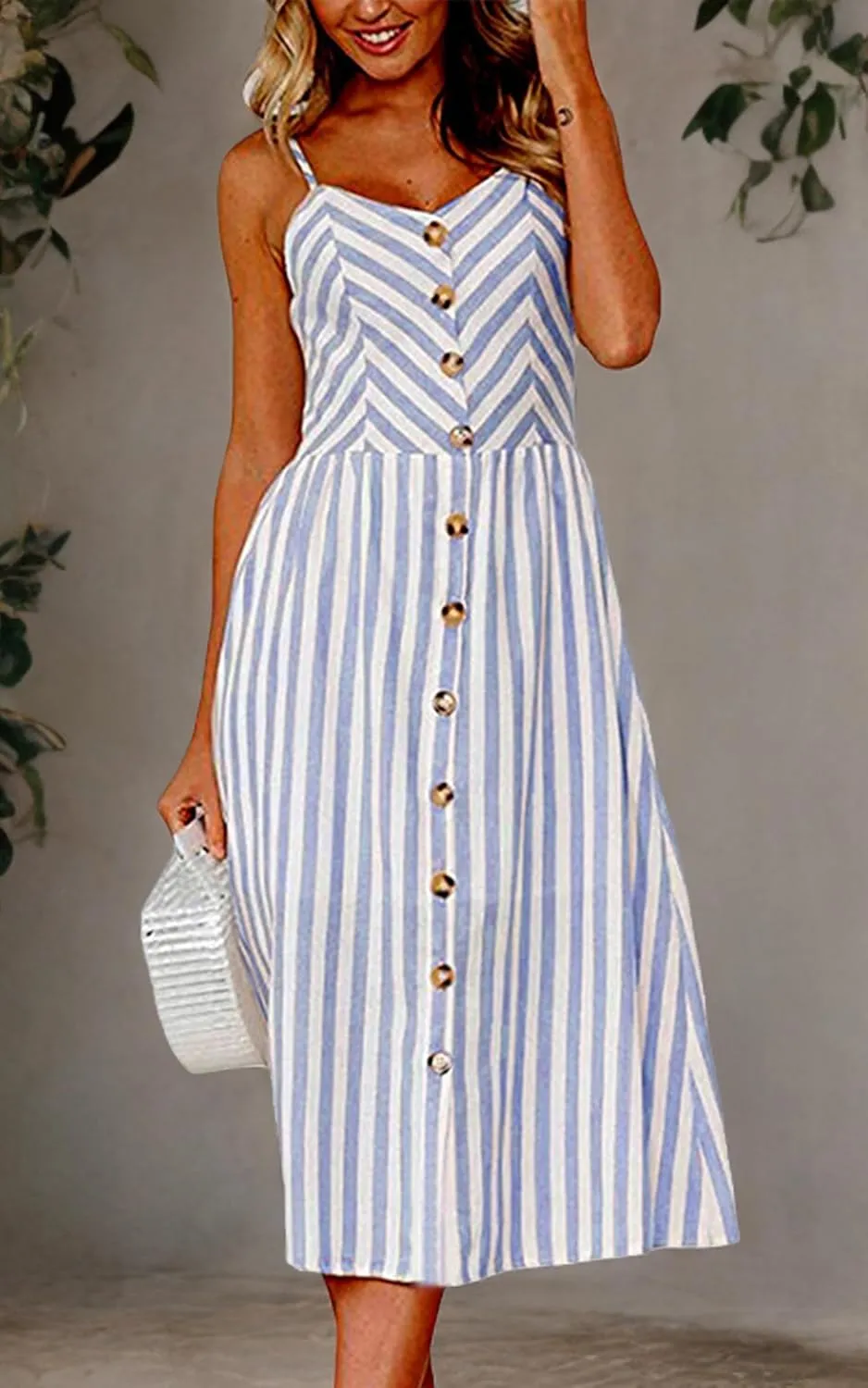 Angashion Women's Dresses-Summer Floral Bohemian Spaghetti Strap Button Down Swing Midi Dress