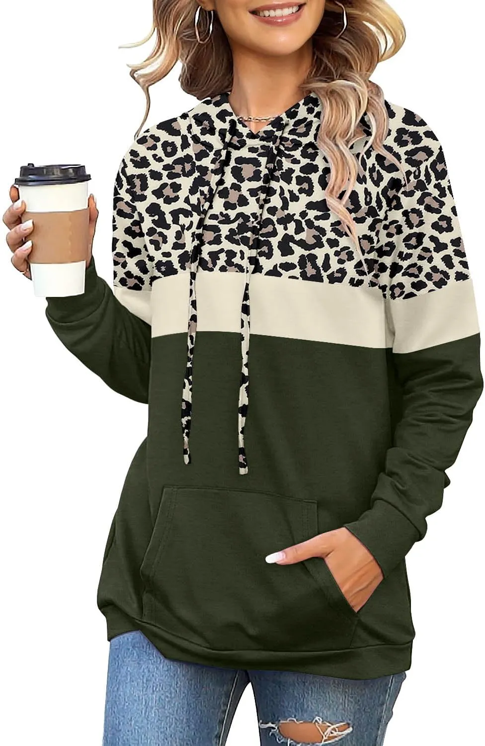 Angerella Hoodies for Women Camo Leopard Print Tops Pullover Hooded Sweatshirt Drawstring with Pocket