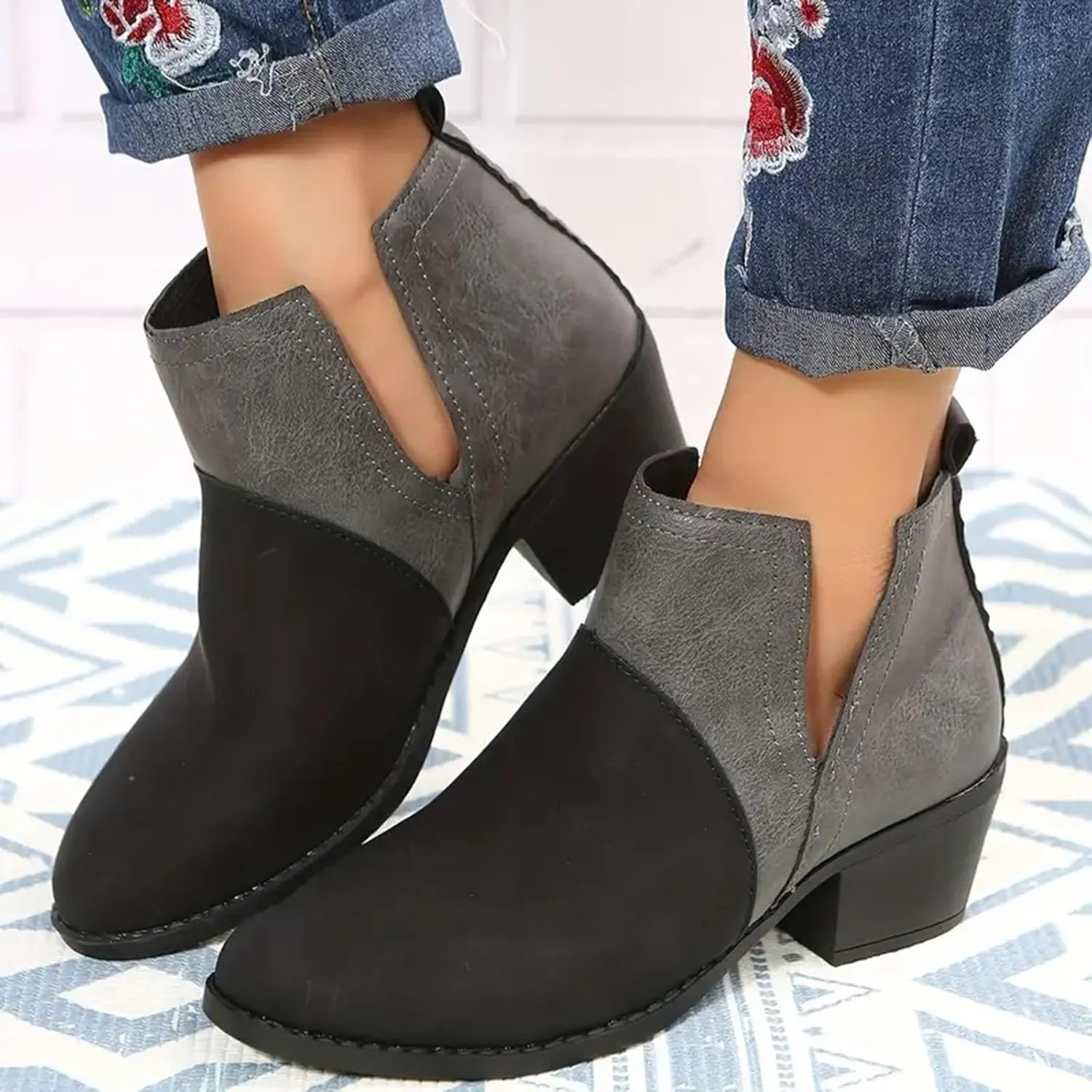 Ankle Boots for Women with Heel Womens Western Boots Fashion Pointed Toe Chunky Heel Patchwork Color Womens Boots