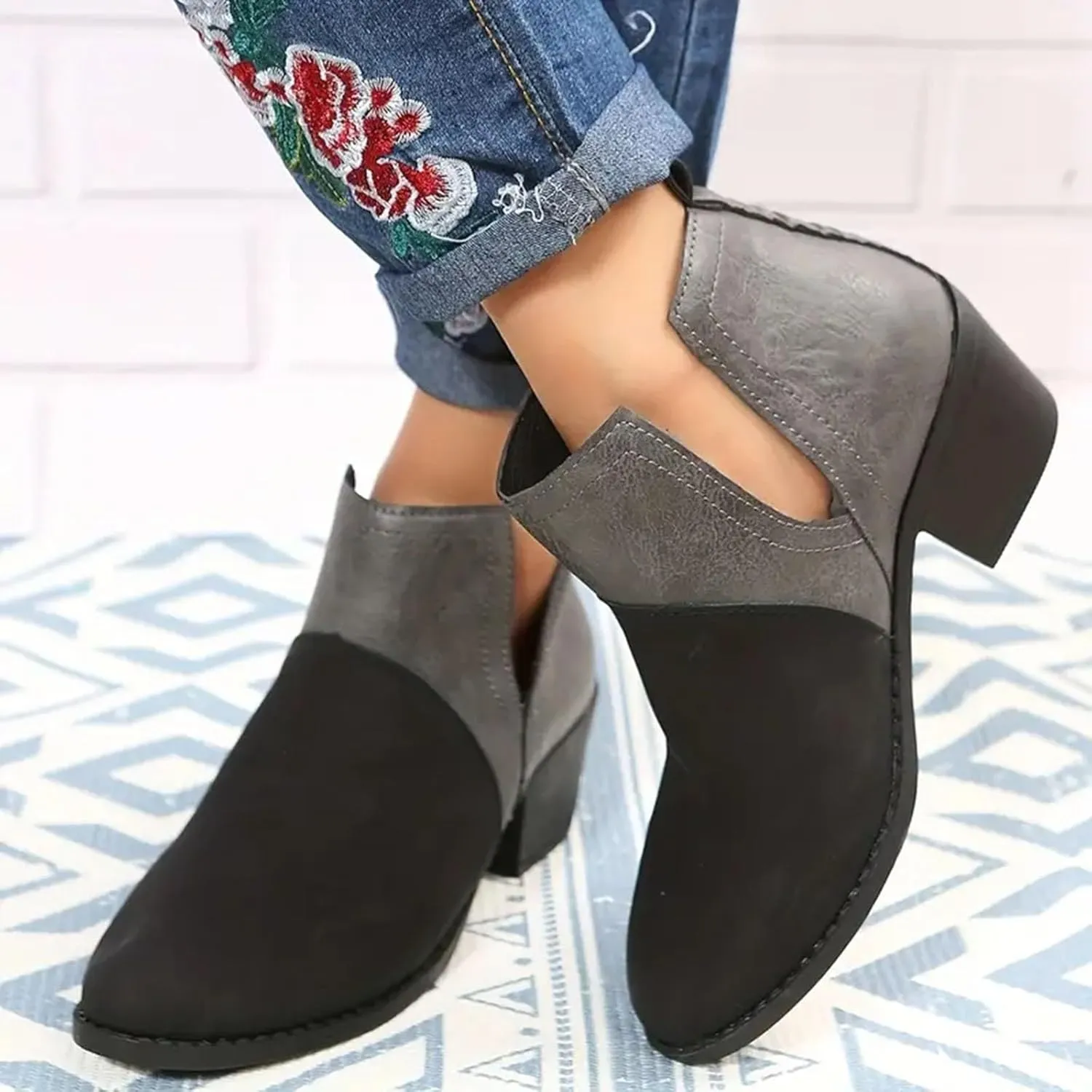 Ankle Boots for Women with Heel Womens Western Boots Fashion Pointed Toe Chunky Heel Patchwork Color Womens Boots