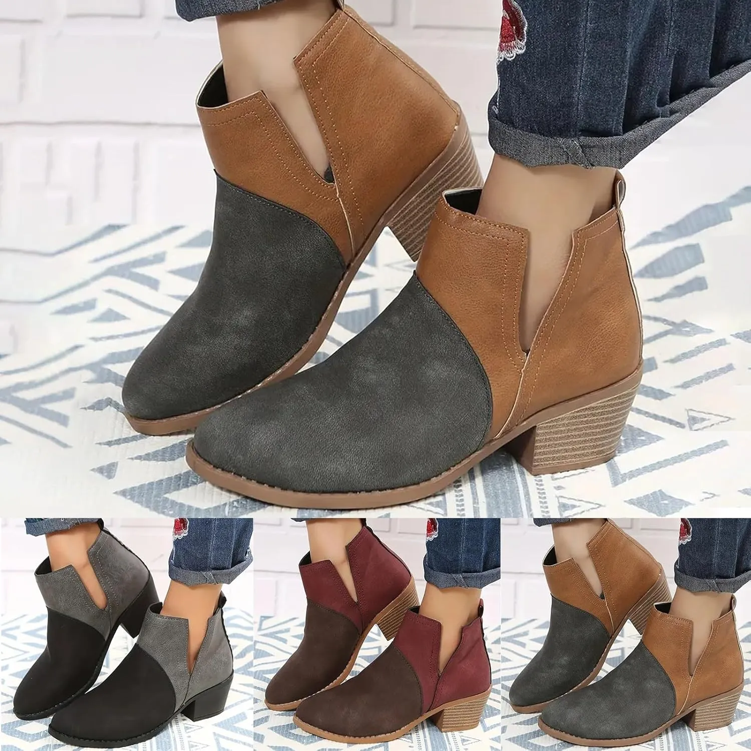 Ankle Boots for Women with Heel Womens Western Boots Fashion Pointed Toe Chunky Heel Patchwork Color Womens Boots