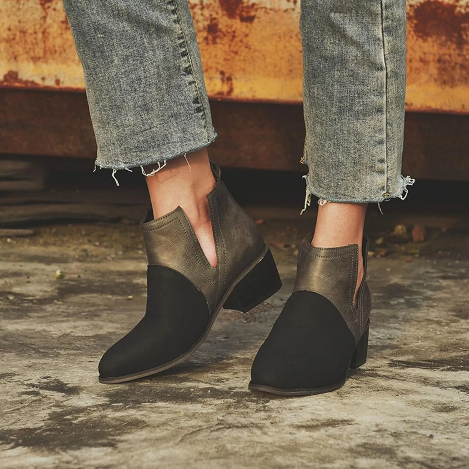 Ankle Boots for Women with Heel Womens Western Boots Fashion Pointed Toe Chunky Heel Patchwork Color Womens Boots