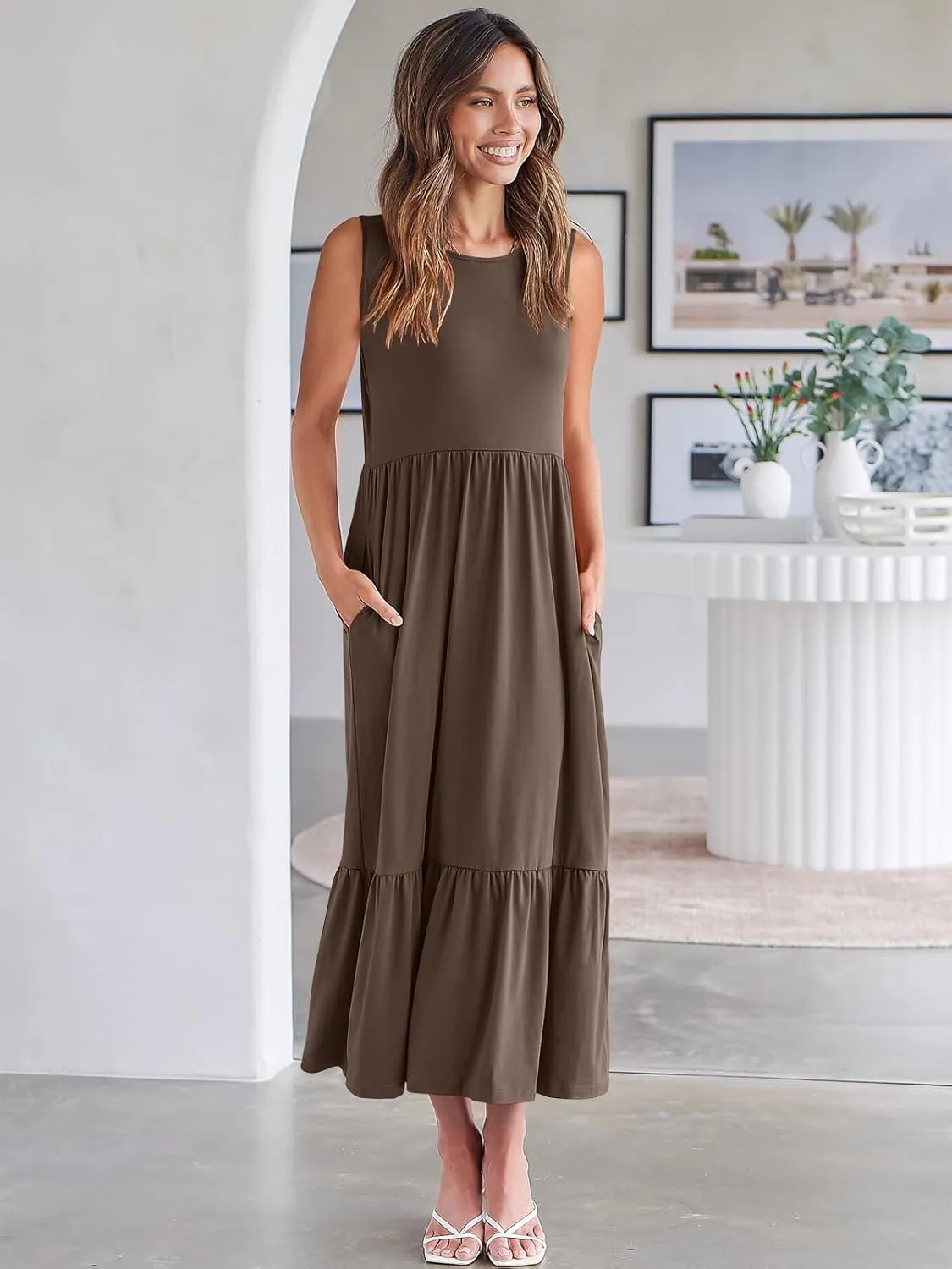 ANRABESS Women Summer Casual Sleeveless Crewneck Sundress Aline Flowy Tiered Maxi Long Beach Dress Vacation Outfits