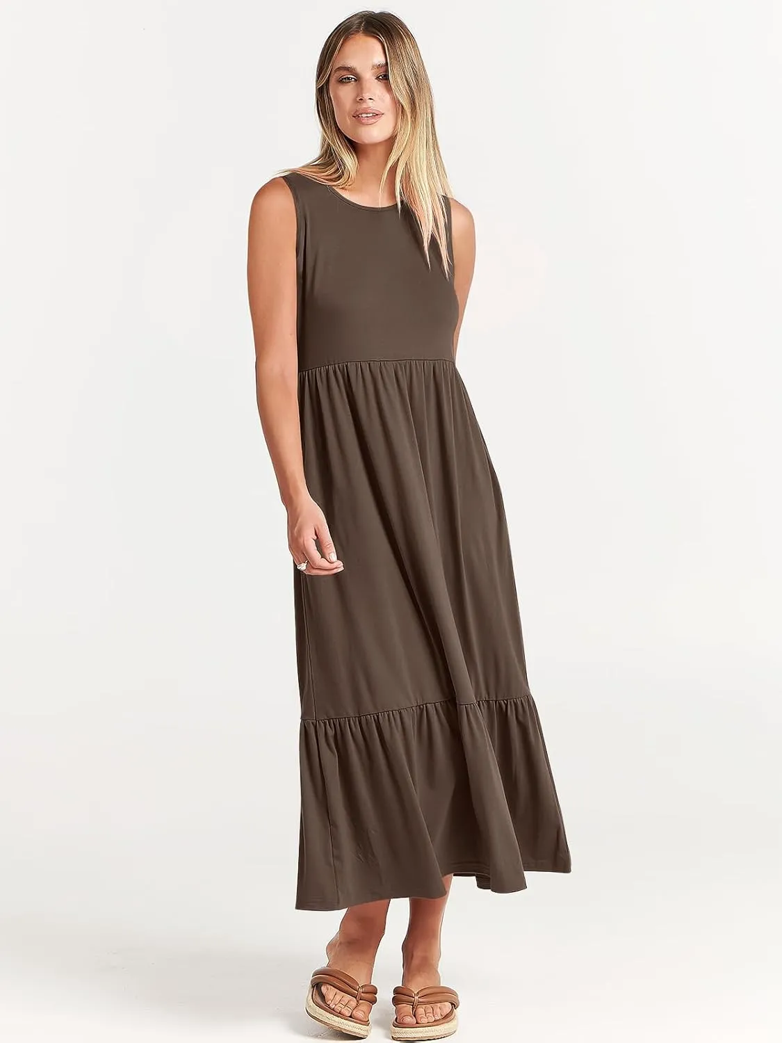 ANRABESS Women Summer Casual Sleeveless Crewneck Sundress Aline Flowy Tiered Maxi Long Beach Dress Vacation Outfits