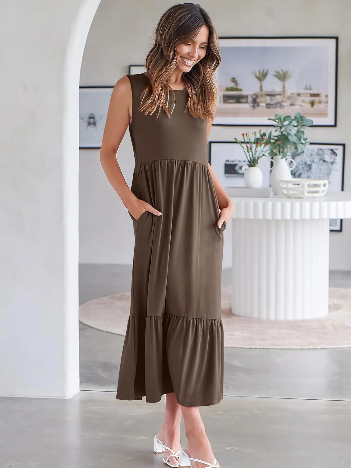 ANRABESS Women Summer Casual Sleeveless Crewneck Sundress Aline Flowy Tiered Maxi Long Beach Dress Vacation Outfits