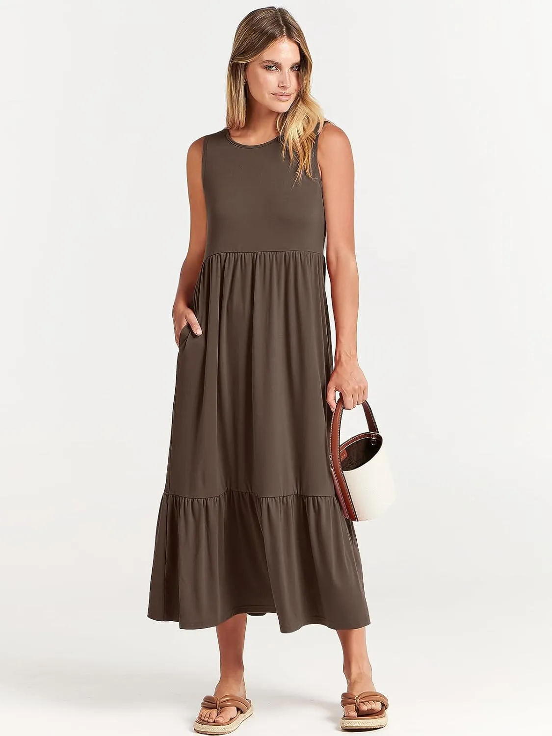 ANRABESS Women Summer Casual Sleeveless Crewneck Sundress Aline Flowy Tiered Maxi Long Beach Dress Vacation Outfits