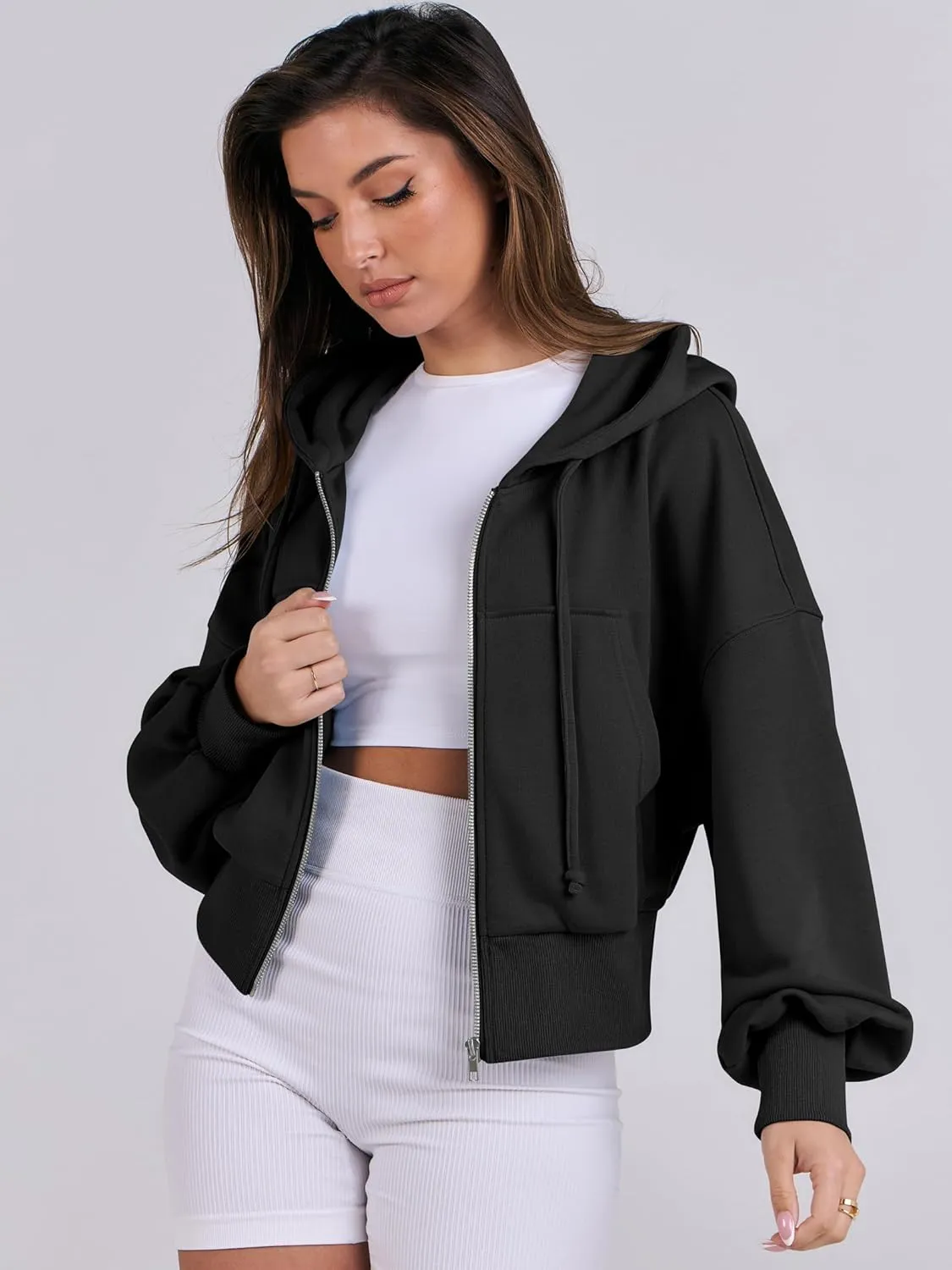 ANRABESS Women's Zip Up Hoodies Cropped Sweatshirts Casual Zip Jackets 2025 Fashion Trendy Fall Outfits