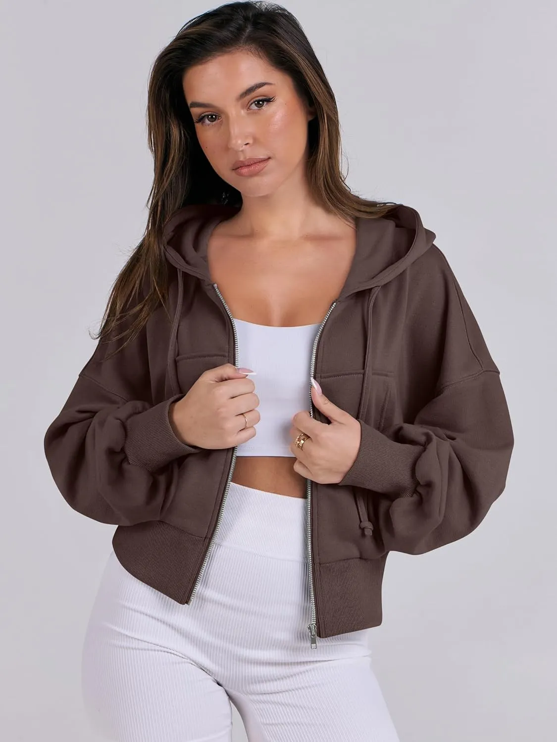 ANRABESS Women's Zip Up Hoodies Cropped Sweatshirts Casual Zip Jackets 2025 Fashion Trendy Fall Outfits