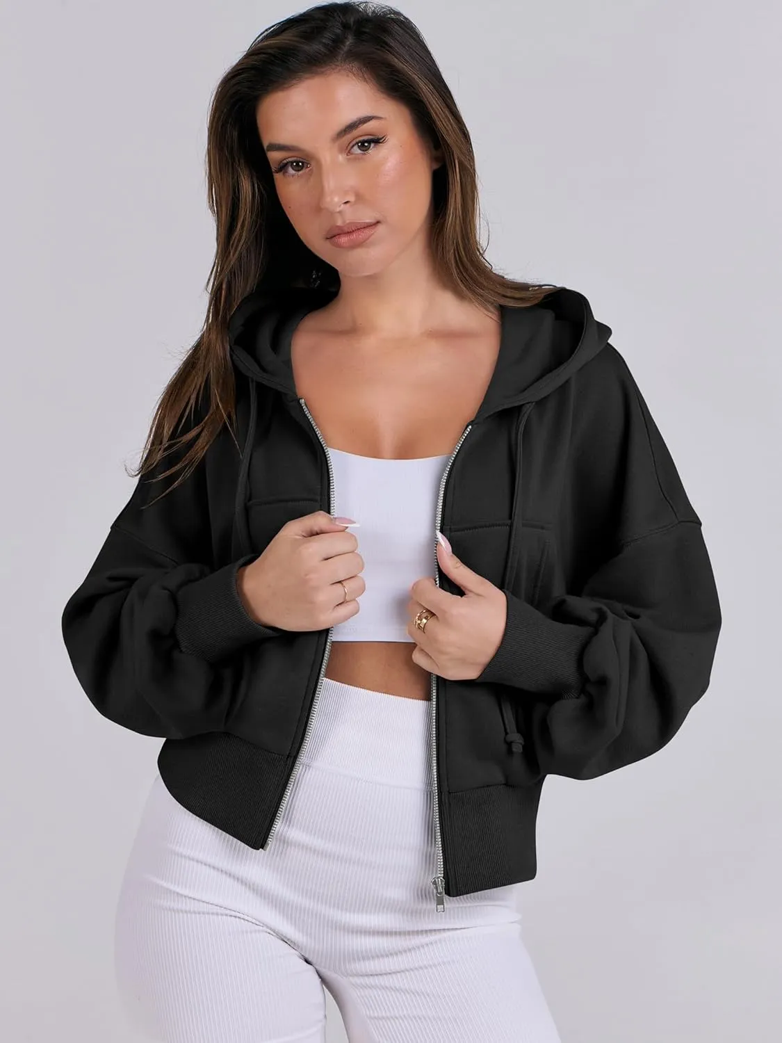 ANRABESS Women's Zip Up Hoodies Cropped Sweatshirts Casual Zip Jackets 2025 Fashion Trendy Fall Outfits