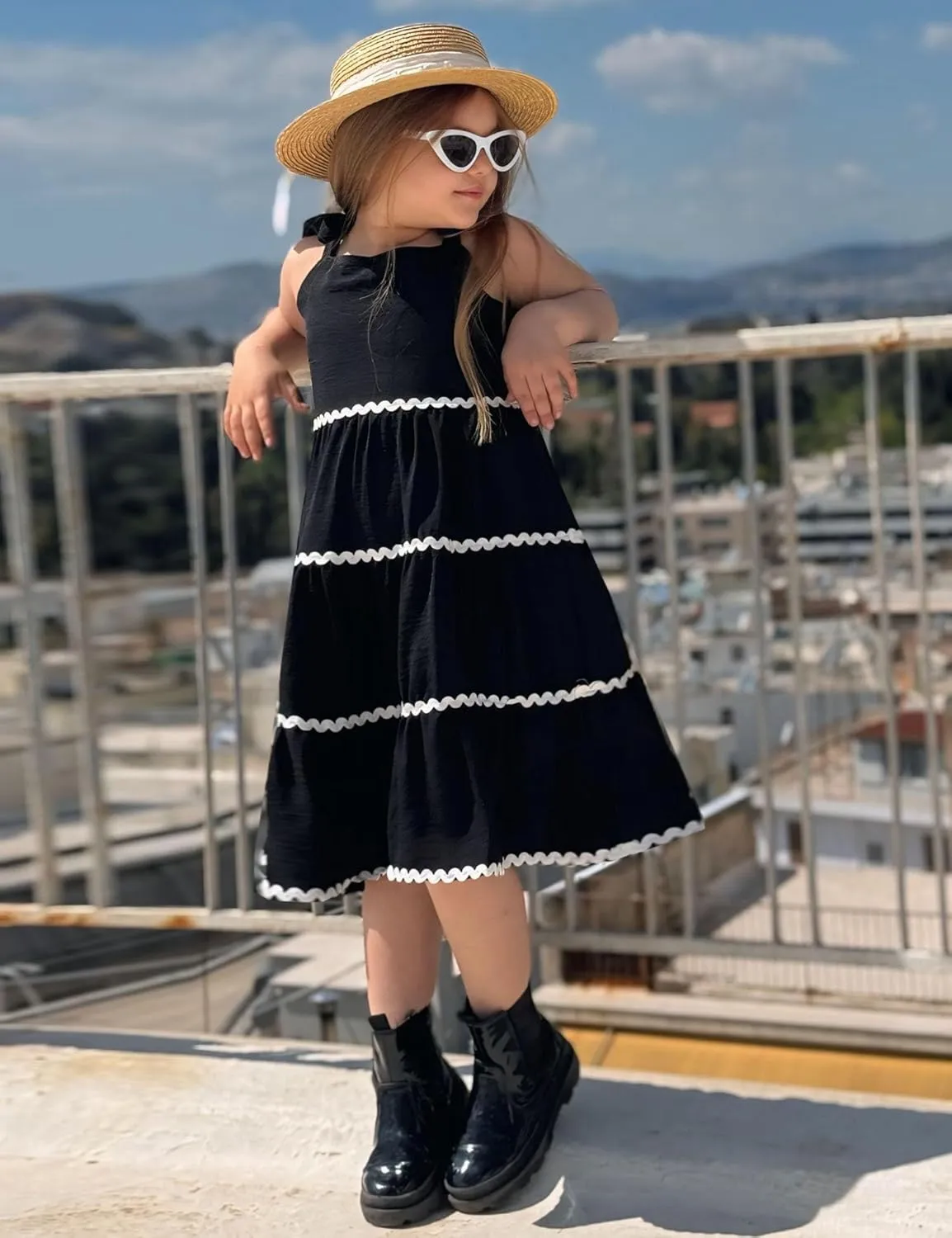 Arshiner Girl's Sundresses Summer Boho Tie Shoulder Cami Midi Tiered Dresses with Pockets