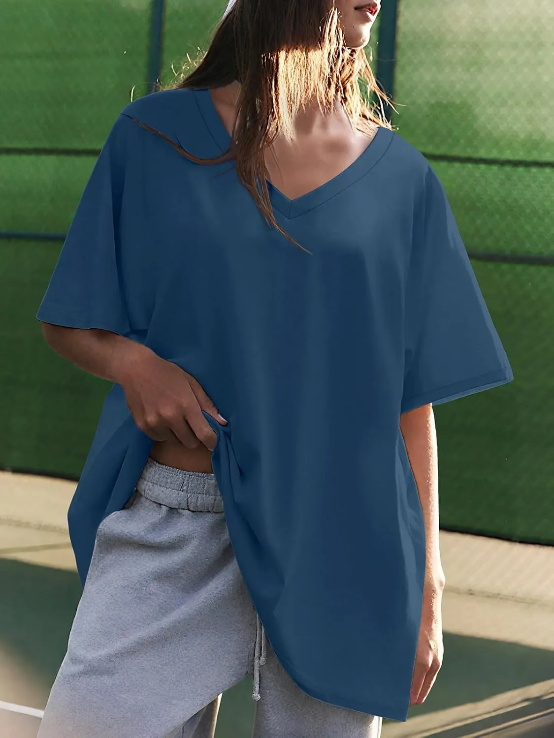 ATHMILE Womens Summer Oversized Shirts V Neck Business Casual Workout Tops Beach Vacation 2025 Gym Clothes