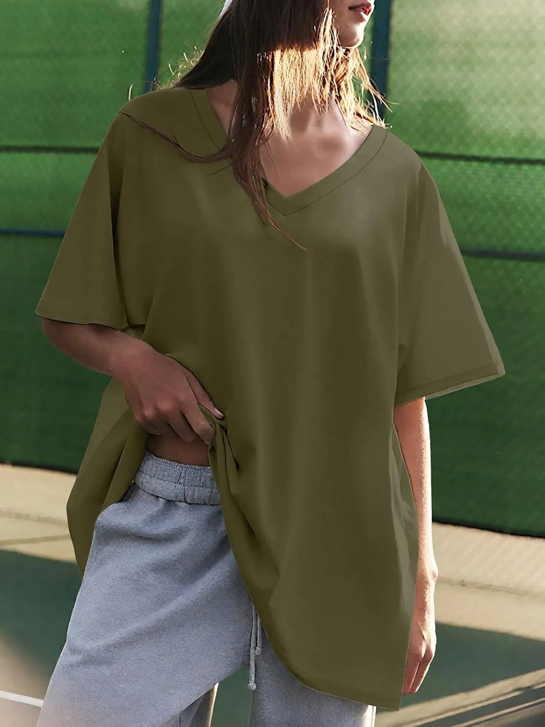 ATHMILE Womens Summer Oversized Shirts V Neck Business Casual Workout Tops Beach Vacation 2025 Gym Clothes