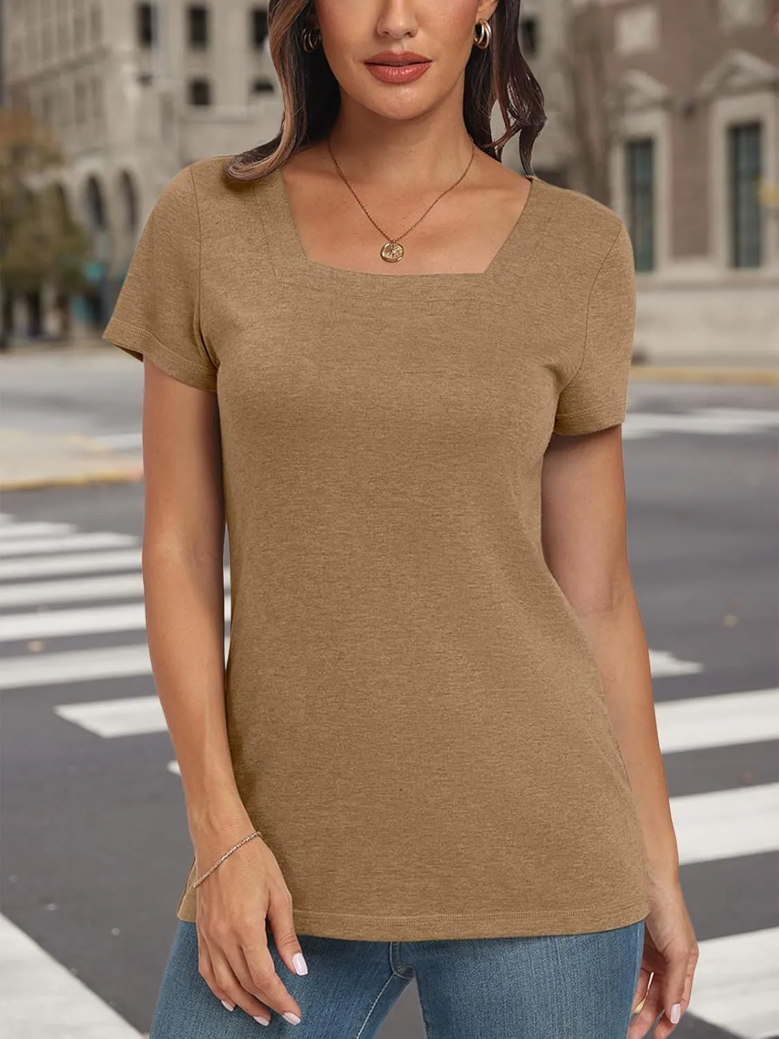 AUTOMET Womens Tops Casual Spring Summer Tshirts 2025 Short Sleeve Square Neck Basic Tee Outfits