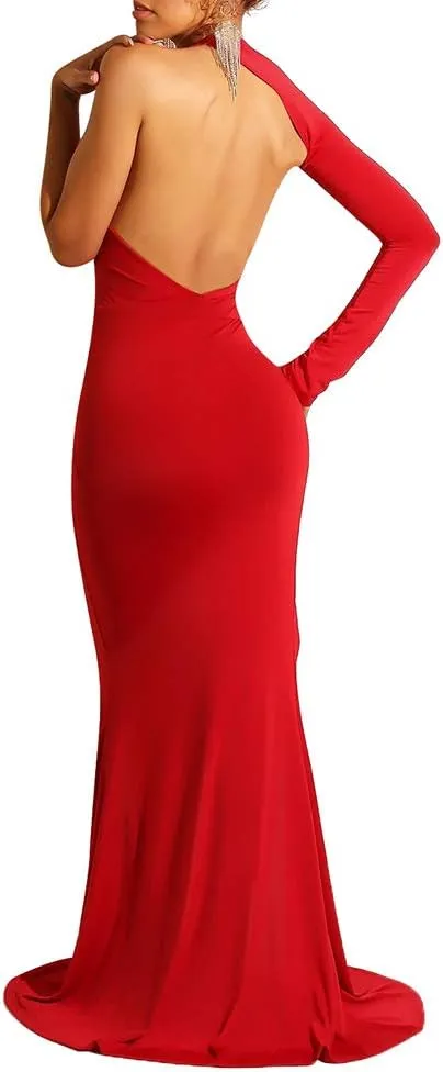BEAGIMEG Women's Sexy Elegant One Shoulder Backless Evening Long Dress