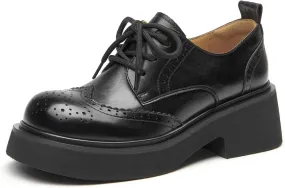 BEAU TODAY Women's Oxfords, Platform Oxfords for Women, Chunky Leather Brogue Wingtip Shoes for Women, Comfortable Business Casual Lace Up Dress Shoes Black Size 8.5