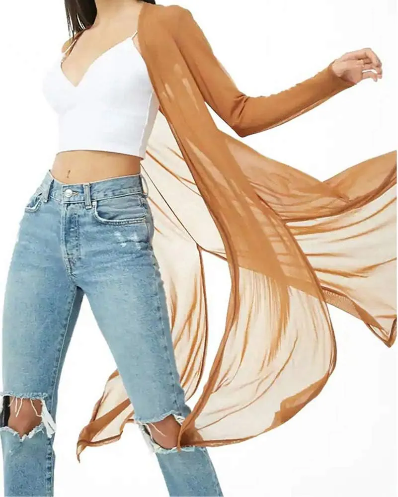 BelleLovin Womens Sexy Sheer Long Sleeve Cardigan See Through Mesh Cover Up