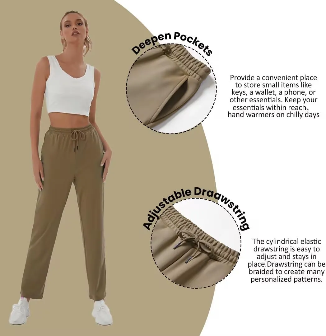 BETTERCHIC Women's Beige Straight Leg Drawstring Casual Pants with Pocket for Women