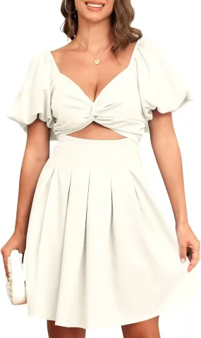 Brosloth Womens Casual Summer Dresses Sweetheart Neckline Short Puff Sleeve Smocked Mini Dress with Pockets