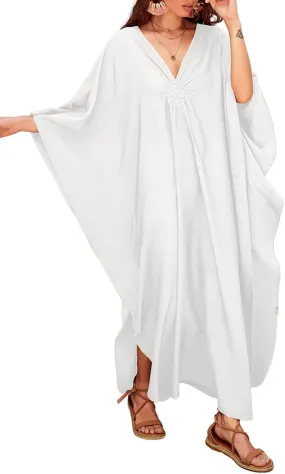 Bsubseach Women Solid Color Cover Up V Neck Batwing Sleeve Plus Size Beach Kaftan Dresses