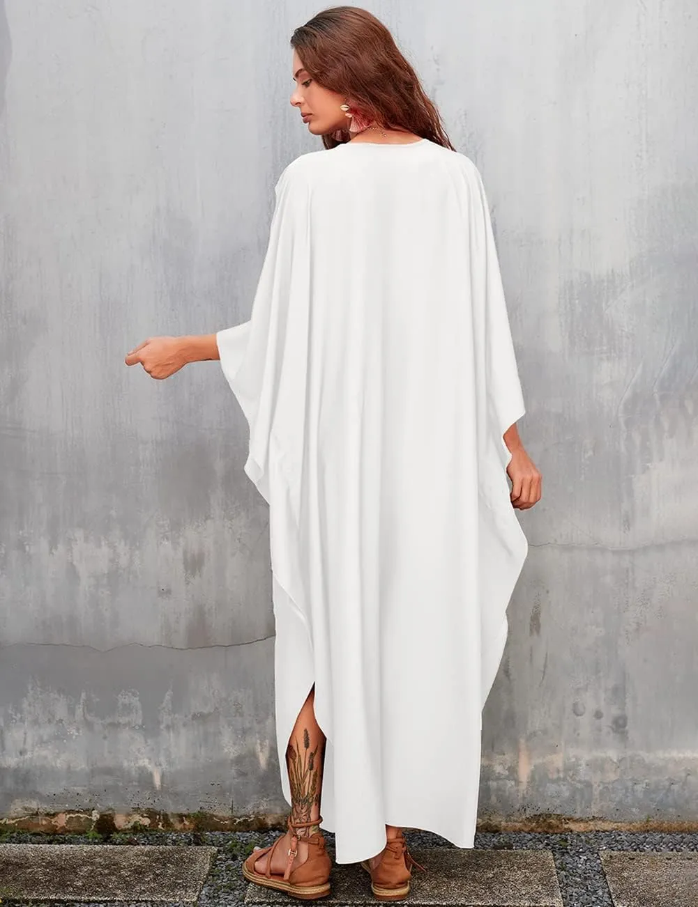 Bsubseach Women Solid Color Cover Up V Neck Batwing Sleeve Plus Size Beach Kaftan Dresses