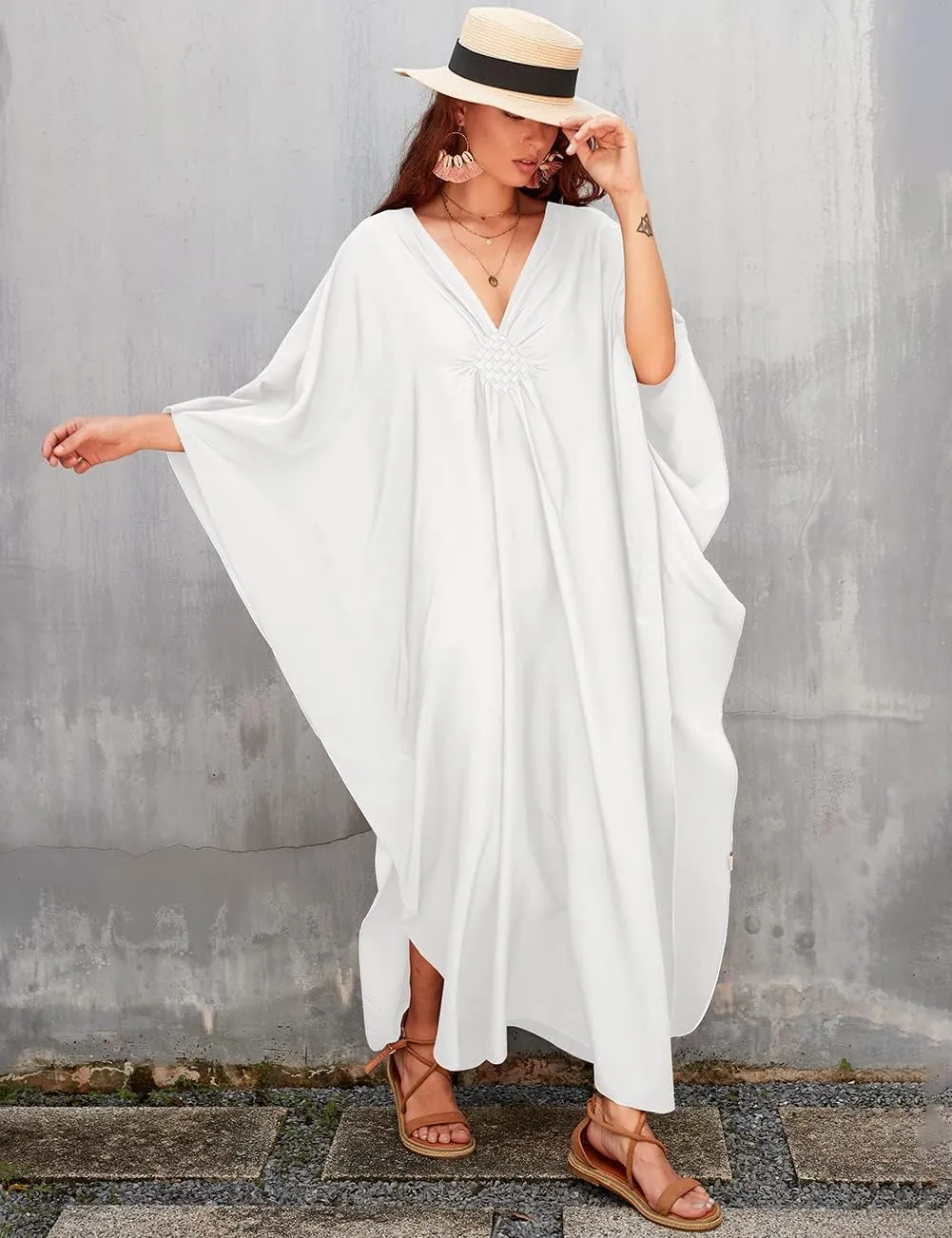 Bsubseach Women Solid Color Cover Up V Neck Batwing Sleeve Plus Size Beach Kaftan Dresses