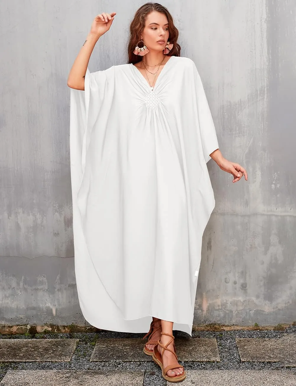 Bsubseach Women Solid Color Cover Up V Neck Batwing Sleeve Plus Size Beach Kaftan Dresses