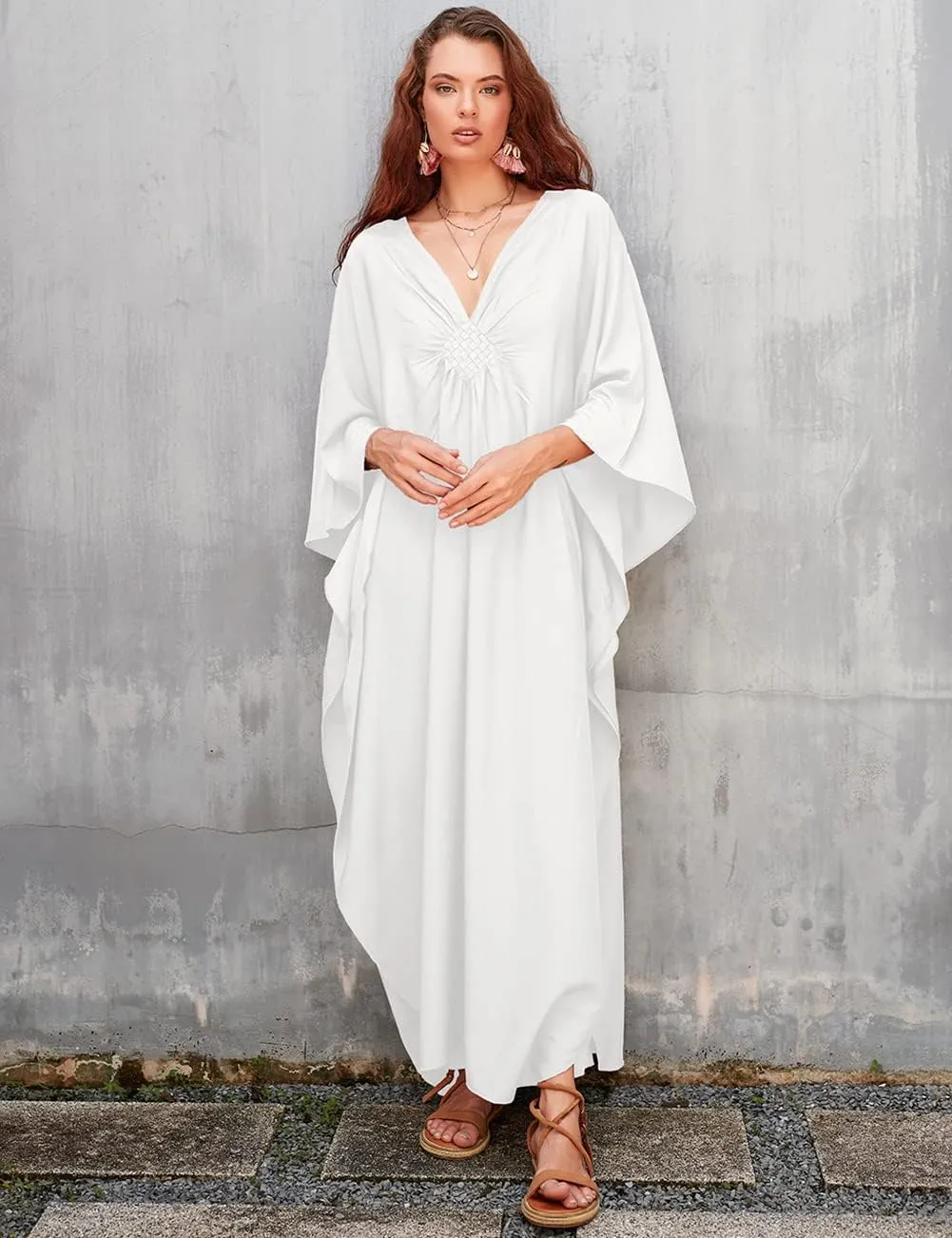 Bsubseach Women Solid Color Cover Up V Neck Batwing Sleeve Plus Size Beach Kaftan Dresses