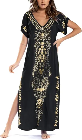 Busbseach Caftan Dresses for Women Embroidery Short Sleeve Beach Cover Up V Neck Maxi Kaftan Dress