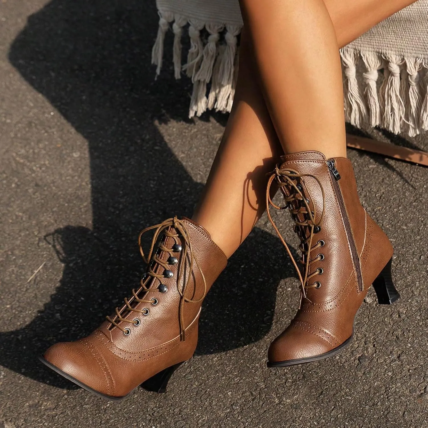 Cathalem Ankle Boots for Women, 2024 New Victorian Boots 70s Lace Up Kitten Heel Ankle Boots Cosplay Victorian Boots Witch Boots