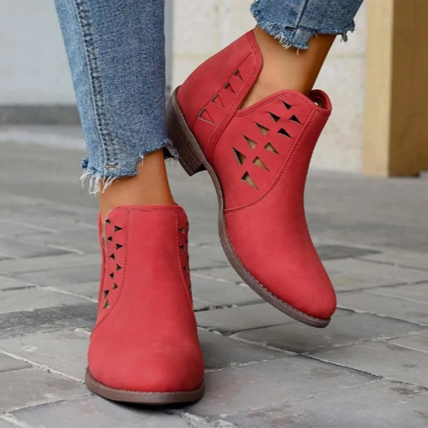 Cathalem Booties for Women 2024 Womens Perforated Cut Out Stacked Block Heel Ankle Booties Womens Boots Fall 2024
