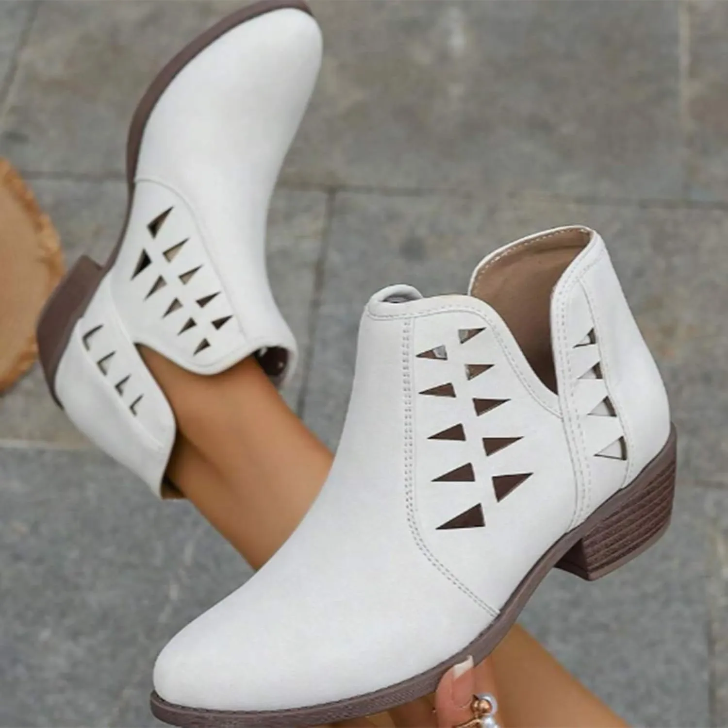 Cathalem Booties for Women 2024 Womens Perforated Cut Out Stacked Block Heel Ankle Booties Womens Boots Fall 2024