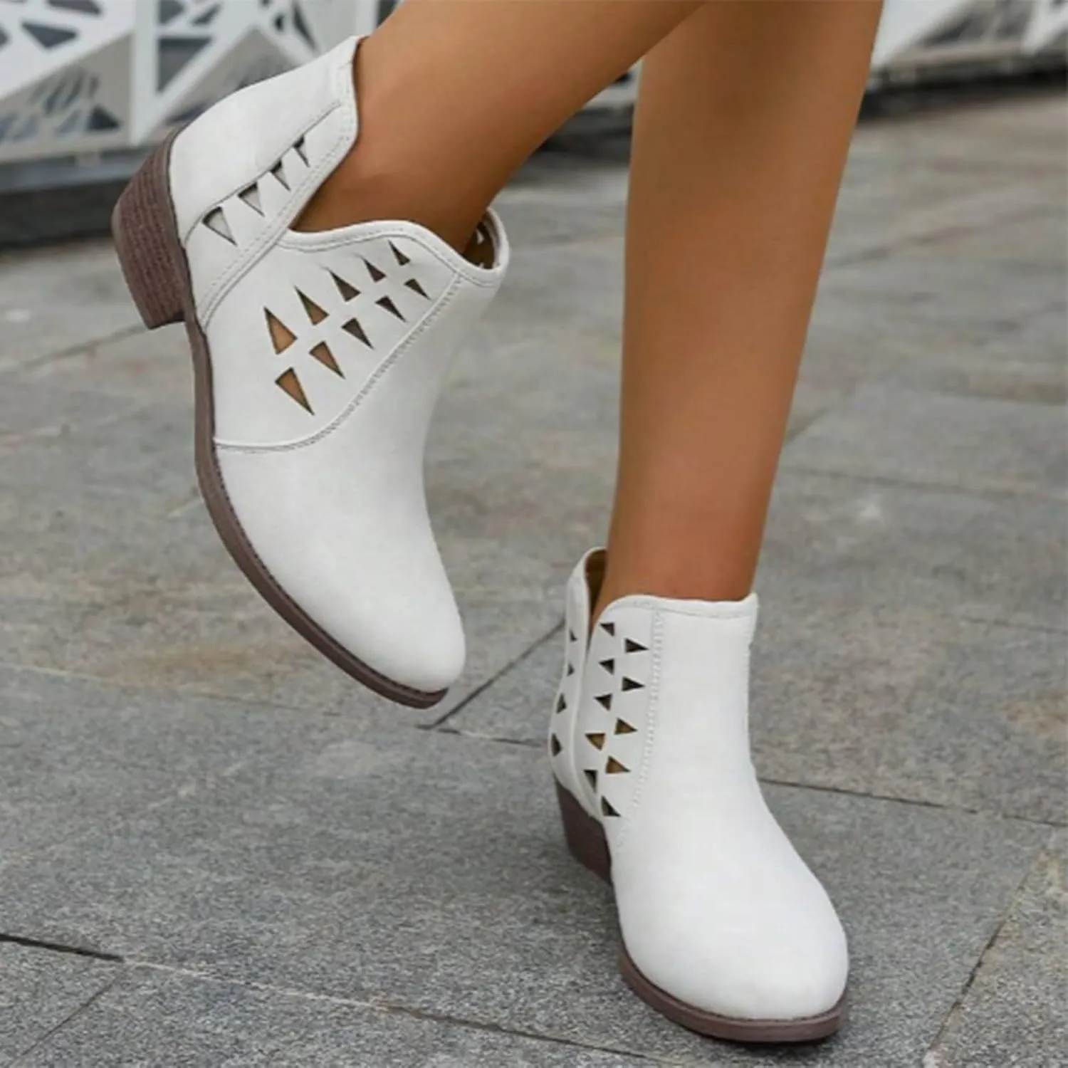 Cathalem Booties for Women 2024 Womens Perforated Cut Out Stacked Block Heel Ankle Booties Womens Boots Fall 2024