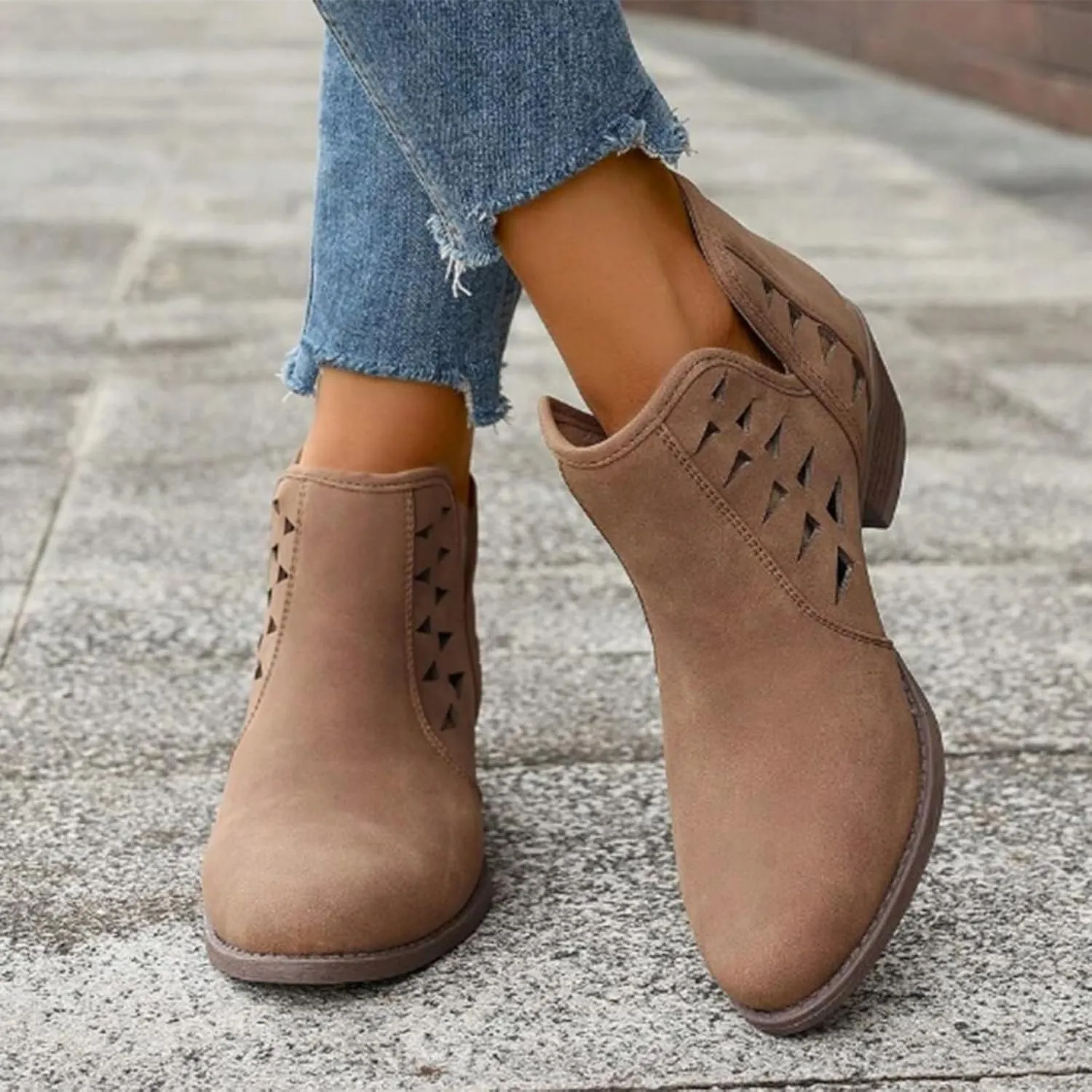 Cathalem Booties for Women 2024 Womens Perforated Cut Out Stacked Block Heel Ankle Booties Womens Boots Fall 2024