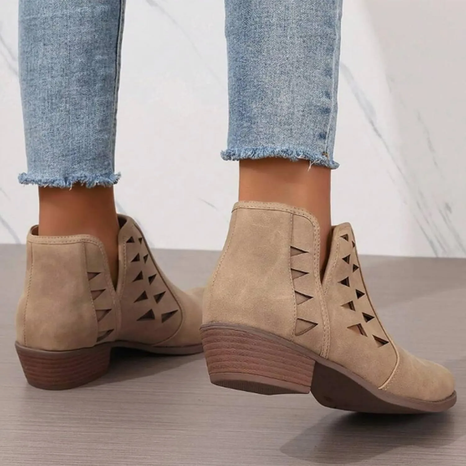 Cathalem Booties for Women 2024 Womens Perforated Cut Out Stacked Block Heel Ankle Booties Womens Boots Fall 2024
