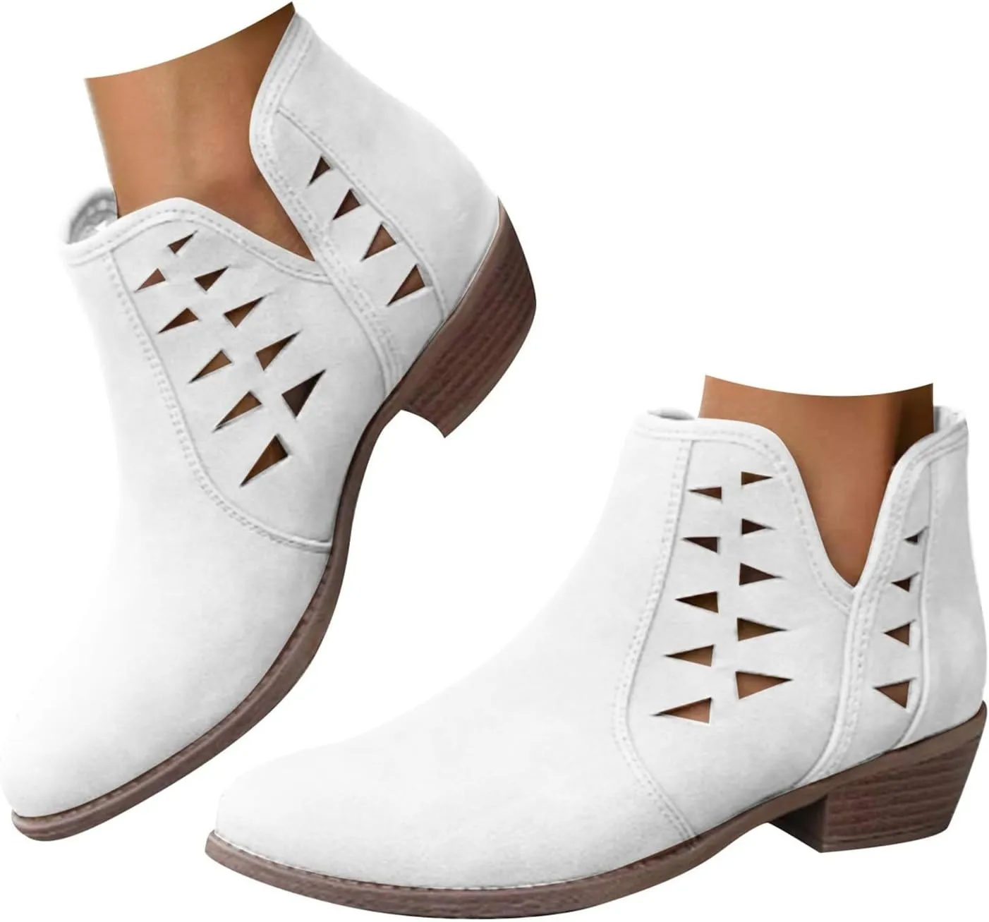 Cathalem Booties for Women 2024 Womens Perforated Cut Out Stacked Block Heel Ankle Booties Womens Boots Fall 2024