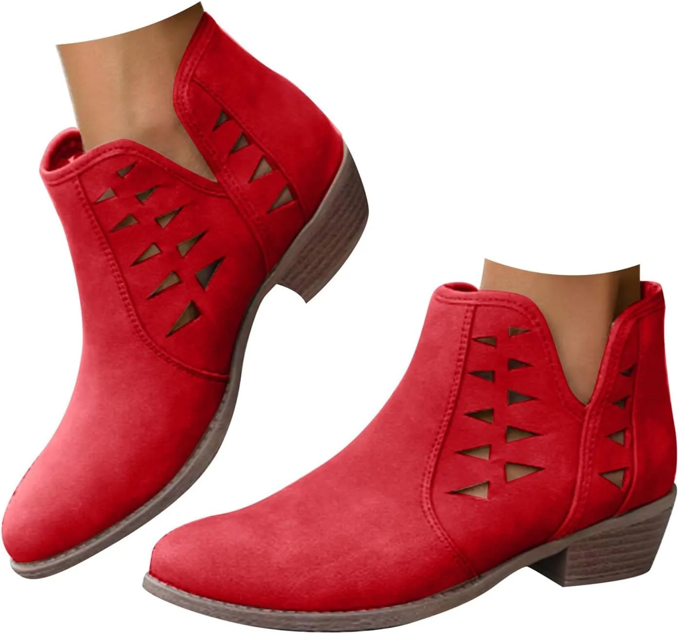 Cathalem Booties for Women 2024 Womens Perforated Cut Out Stacked Block Heel Ankle Booties Womens Boots Fall 2024