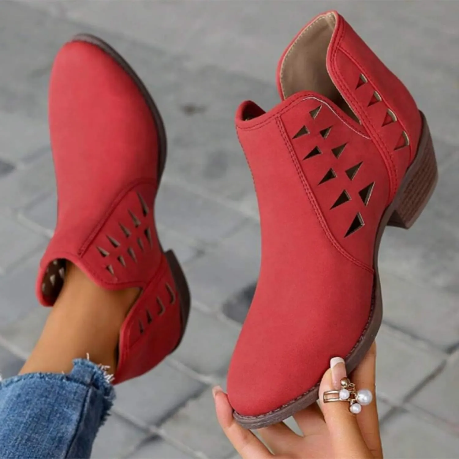 Cathalem Booties for Women 2024 Womens Perforated Cut Out Stacked Block Heel Ankle Booties Womens Boots Fall 2024