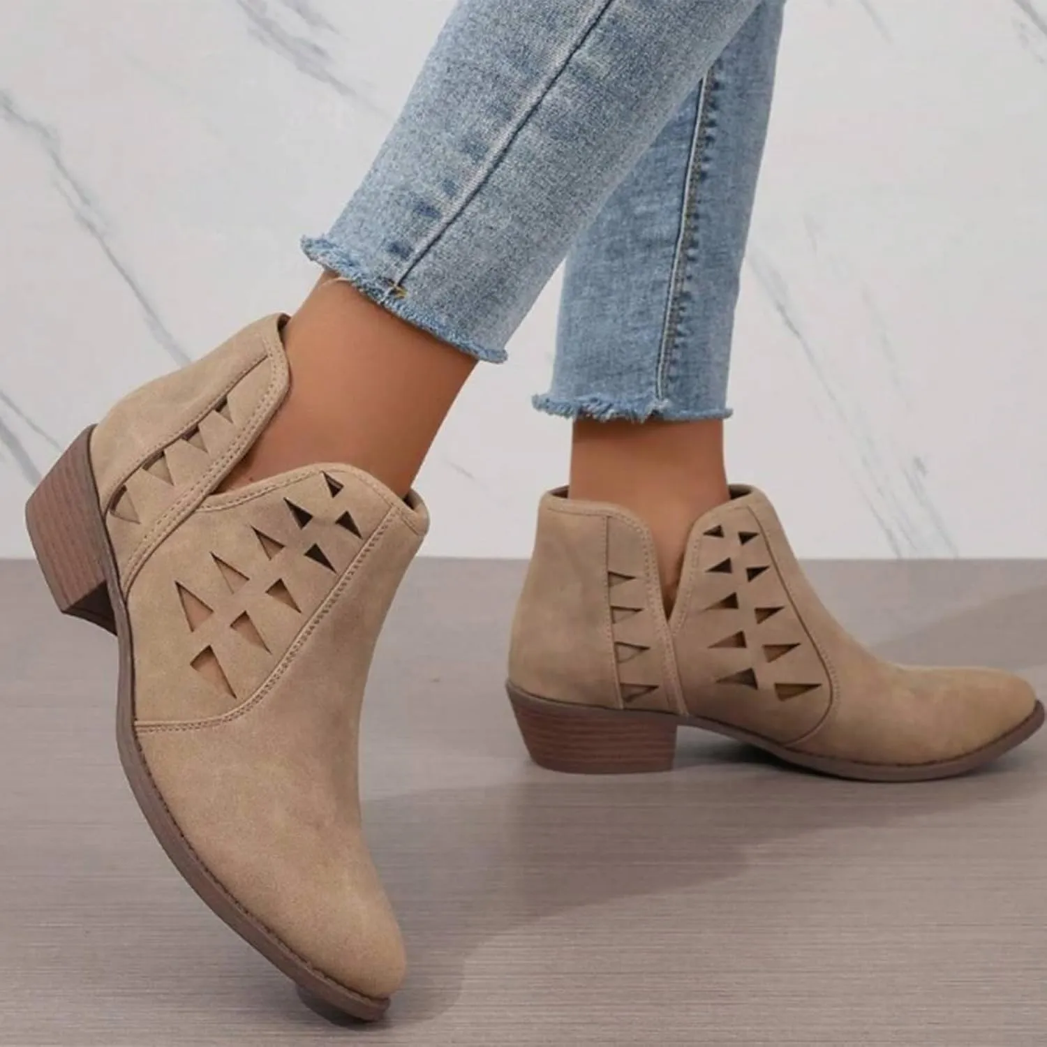 Cathalem Booties for Women 2024 Womens Perforated Cut Out Stacked Block Heel Ankle Booties Womens Boots Fall 2024