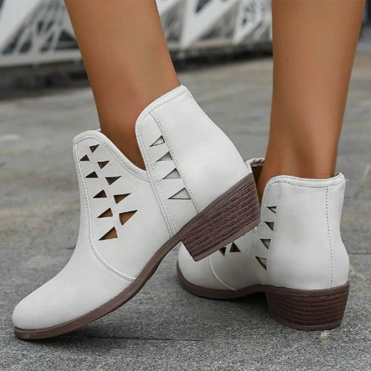 Cathalem Booties for Women 2024 Womens Perforated Cut Out Stacked Block Heel Ankle Booties Womens Boots Fall 2024