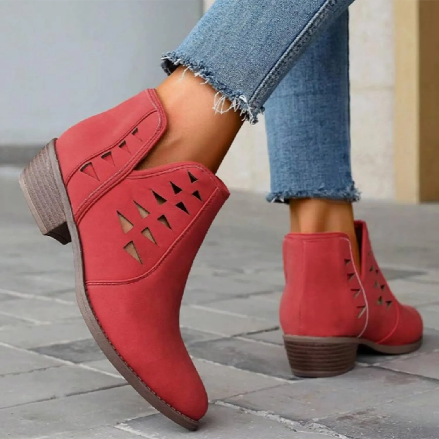 Cathalem Booties for Women 2024 Womens Perforated Cut Out Stacked Block Heel Ankle Booties Womens Boots Fall 2024