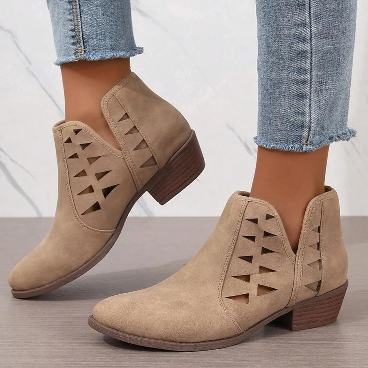 Cathalem Booties for Women 2024 Womens Perforated Cut Out Stacked Block Heel Ankle Booties Womens Boots Fall 2024