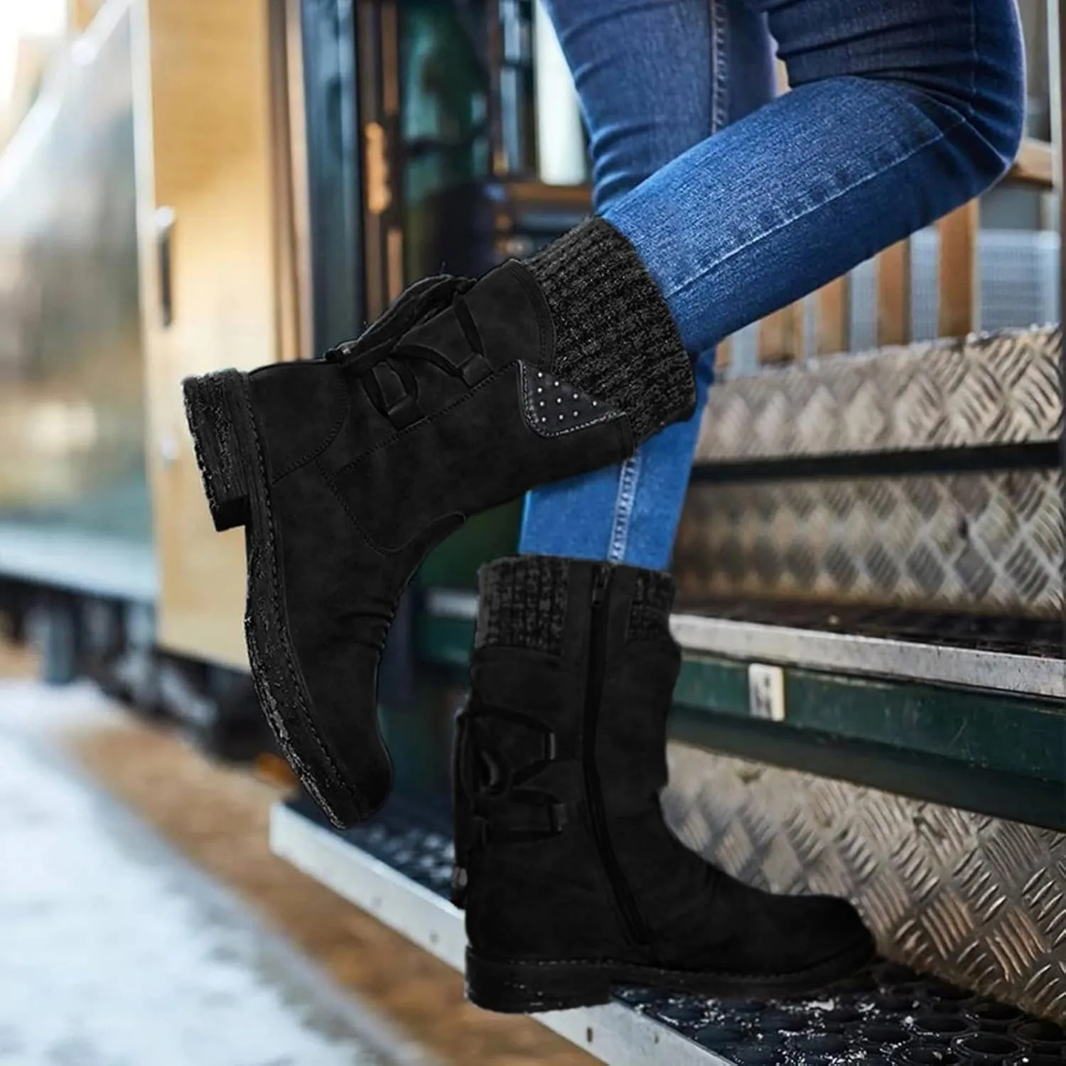 Cathalem Boots for Women Knee-High Boots Comfortable Chunky Block Heel Pointed Toe Pull On Side Zipper Lace Up Riding Boots