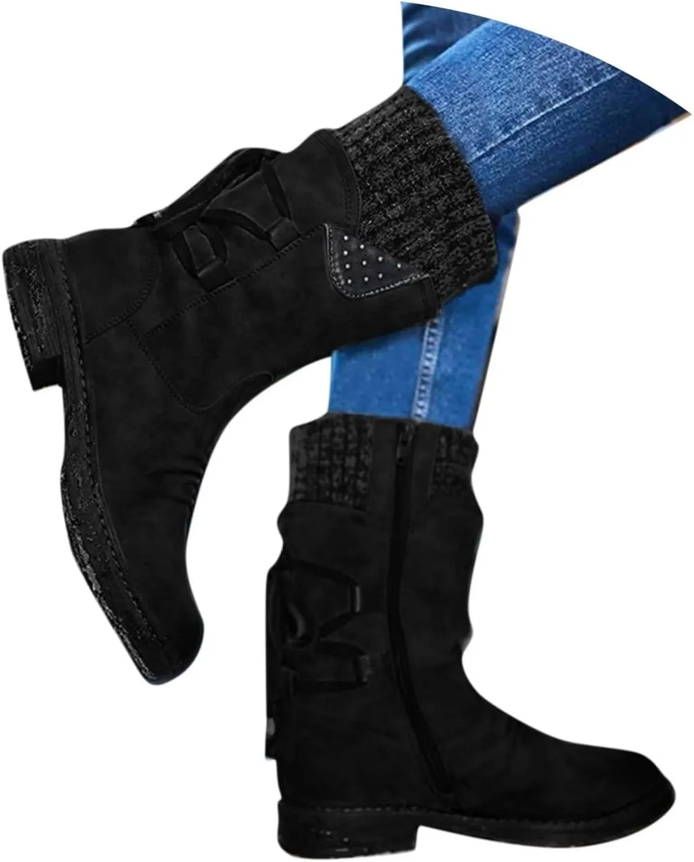 Cathalem Boots for Women Knee-High Boots Comfortable Chunky Block Heel Pointed Toe Pull On Side Zipper Lace Up Riding Boots