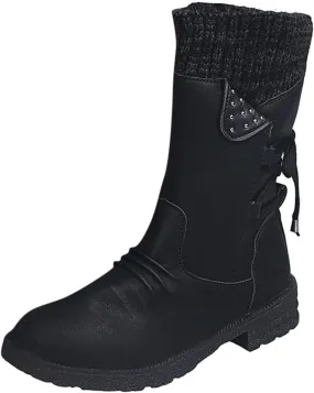 Cathalem Boots for Women Knee-High Boots Comfortable Chunky Block Heel Pointed Toe Pull On Side Zipper Lace Up Riding Boots