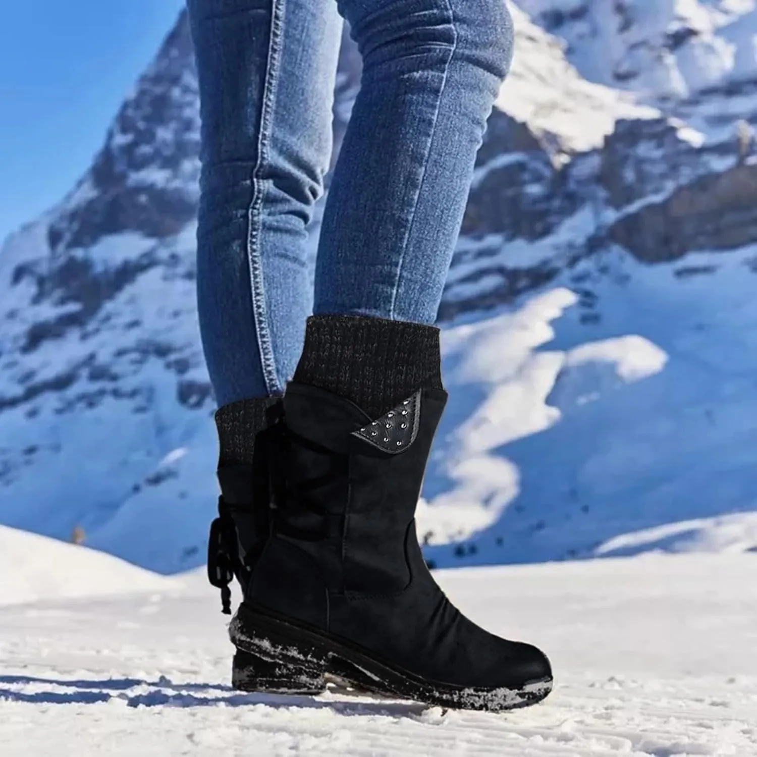 Cathalem Boots for Women Knee-High Boots Comfortable Chunky Block Heel Pointed Toe Pull On Side Zipper Lace Up Riding Boots