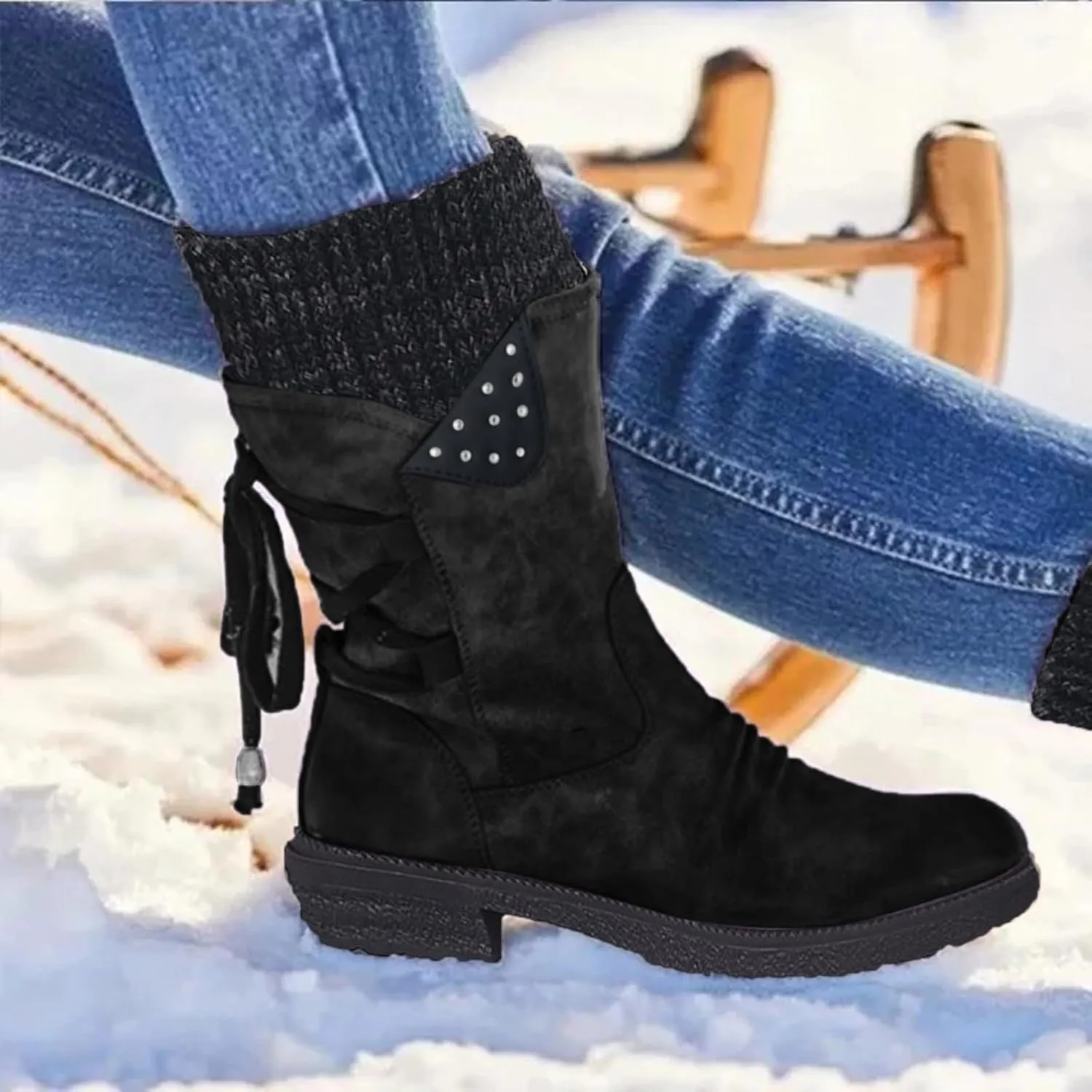 Cathalem Boots for Women Knee-High Boots Comfortable Chunky Block Heel Pointed Toe Pull On Side Zipper Lace Up Riding Boots
